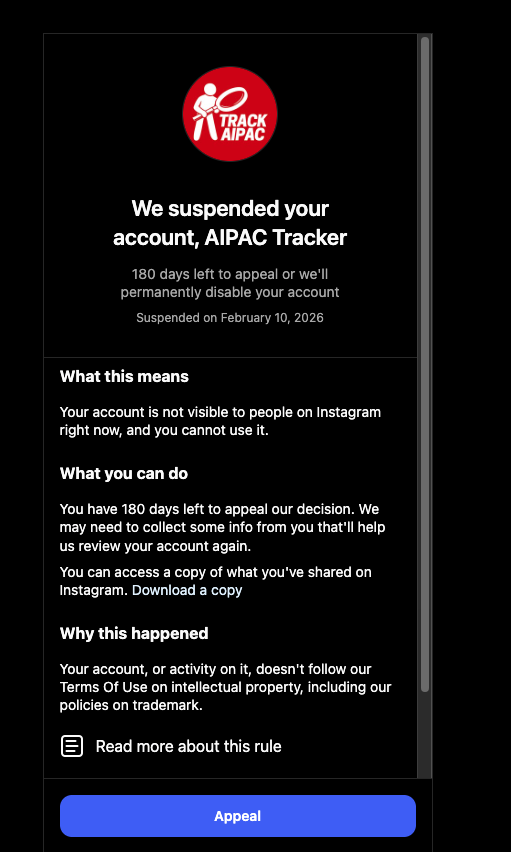 TrackAIPAC's tweet image. Instagram just suspended our account with &amp;gt;137,000 followers: