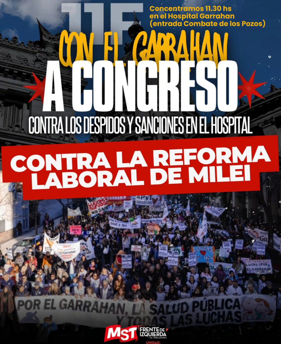 Mañana concentramos en la puerta del Garrahan a las 11.30 hs y marchamos a Plaza Congreso. #ElGarrahanNoSeToca 
#NoALaReformaLaboralEsclavista <a href="/PeriodismoDeIzq/">Periodismo de Izquierda</a> <a href="/APyT_Garrahan/">Asoc. Profesionales y Técnicos - Hospital Garrahan</a>