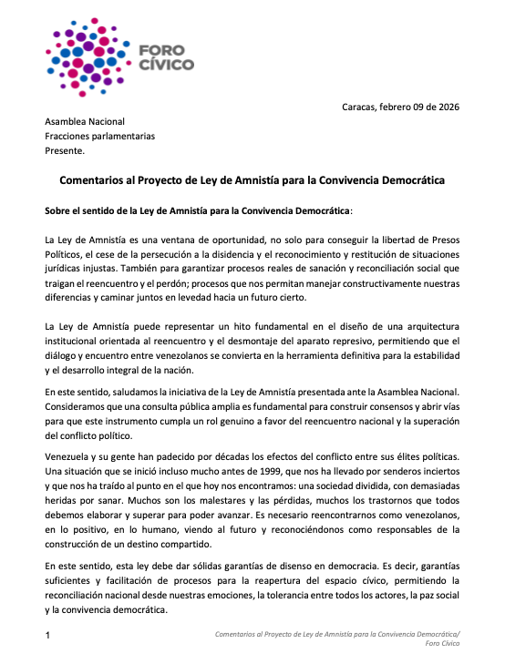Sabiendo que la #LeyDeAmnistía puede ser hito clave en el diseño de una arquitectura institucional para el reencuentro entre venezolanos, permitiendo que el diálogo sea herramienta para la estabilidad y desarrollo de la nación, hemos consignado nuestros comentarios al proyecto.🧵
