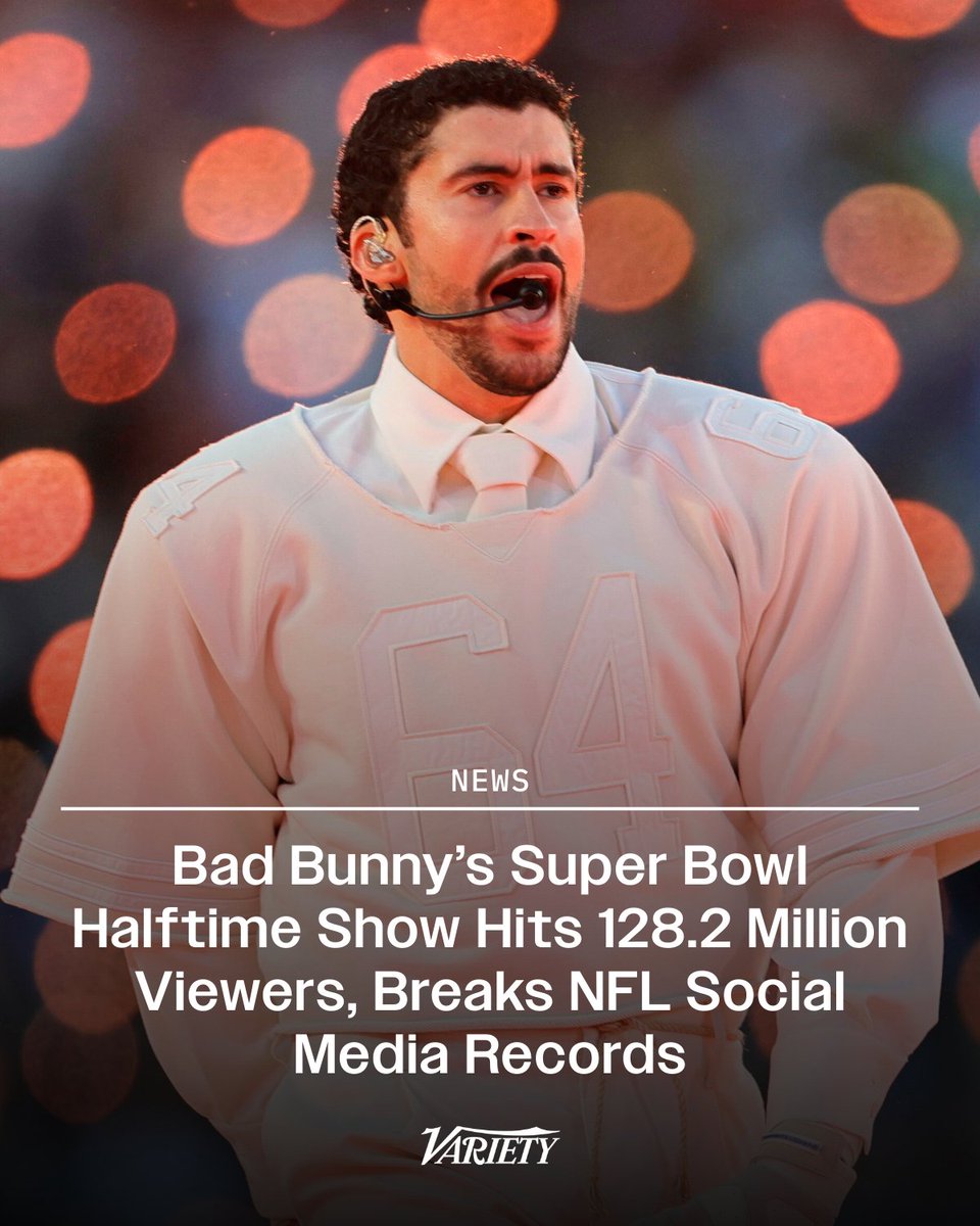 #BadBunny‘s #SuperBowl halftime show reached an average of 128.2 million viewers, breaking various NFL social media records. 

Nielsen measured 124.9 million viewers for this year’s Super Bowl — higher than the average of 124.9 million overall this year but lower than the 133.5