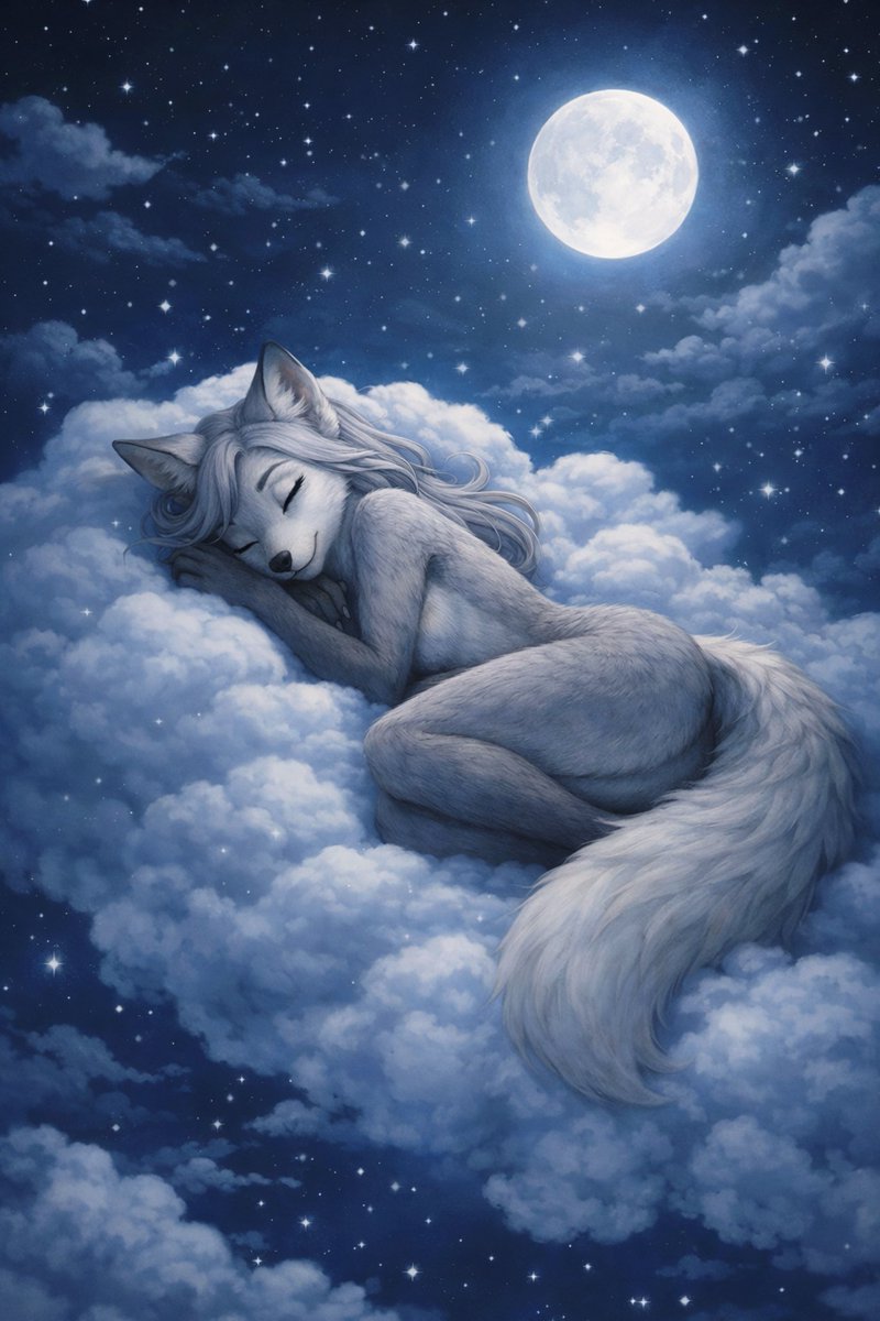 SilverFoxEira's tweet image. Good night, my fluffies! 😊

Have very fluffy dreams! 🤍

But don't drift too far! 🤭

#furry #AiArt #AIイラスト