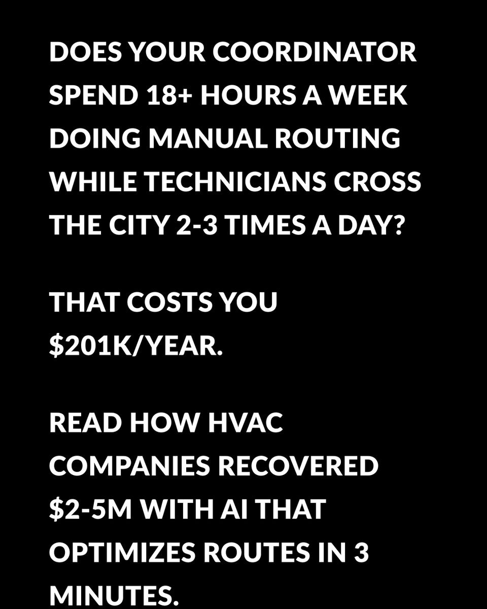 aitaskcrew's tweet photo. If your routing relies on instinct, your operation is paying the price every day.

👉 Contact us and we'll assess how much money your operation is losing due to inefficient routing.

#AITaskCrew #HVACBusiness #FieldServiceOperations https://t.co/146hEqijPP