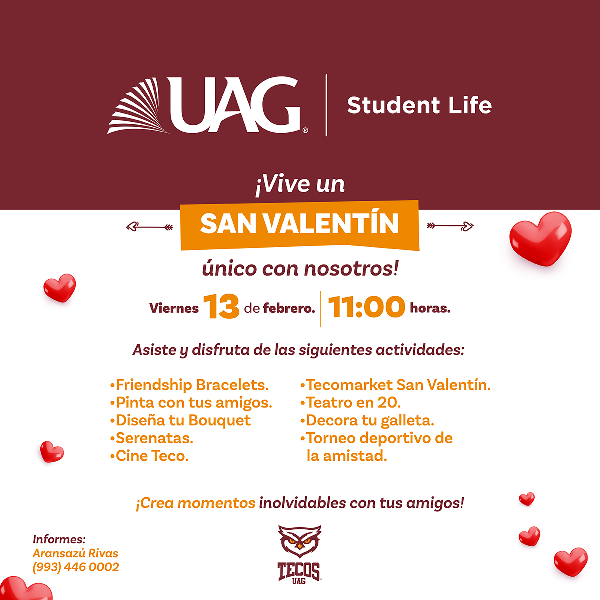 💖🦉 ¡Vive un 𝗦𝗮𝗻 𝗩𝗮𝗹𝗲𝗻𝘁í𝗻 único en la 𝗨𝗔𝗚 𝗧𝗮𝗯𝗮𝘀𝗰𝗼!

Únete a esta celebración llena de amor y disfruta con tus amigos una jornada de actividades y diversión.

Te esperamos el 𝘃𝗶𝗲𝗿𝗻𝗲𝘀 𝟭𝟯 𝗱𝗲 𝗳𝗲𝗯𝗿𝗲𝗿𝗼 a las 𝟭𝟭:𝟬𝟬 𝗵𝗼𝗿𝗮𝘀. 😍 🙌