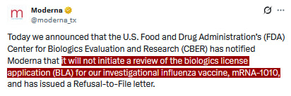 NEW - Moderna says FDA has refused to review its application for an experimental mRNA flu shot.