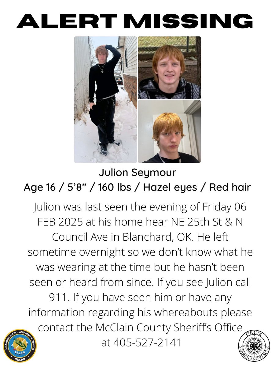Missing from Blanchard, OK

Call 911 if seen

Contact McClain County Sheriff with information