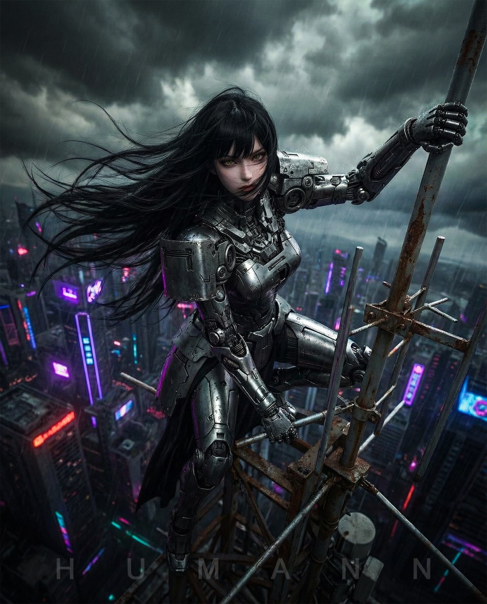 Vantagepoint
In a city drenched in neon and acid rain, an enforcer perches atop the skeletal remains of a half-built megatower. Her cybernetic body shimmers under dark clouds and the remains of daylight.

#SciFiArt #NanoBananaPro #Photoshop