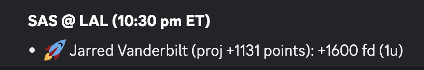 slam_dunk_bets's tweet photo. Spurs Lakers is the big showdown tonight and #FanDuel has graciously given us some great odds on a Jarred Vanderbilt #FirstBasket! Vanderbilt is listed at +1600, which is quite off from our projection of +1131. That makes it a 1u play!
#NBAPicks #PlayerProps #EVBets https://t.co/xIJOKJ4rDd