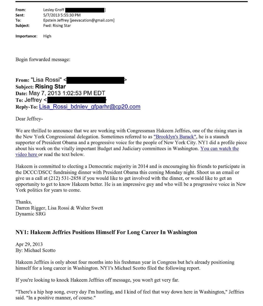 remarks's tweet image. 🇺🇸 Democrat fundraisers invited Jeffrey Epstein to a private meeting with Rep. Hakeem Jeffries during 2013 effort to win House majority.