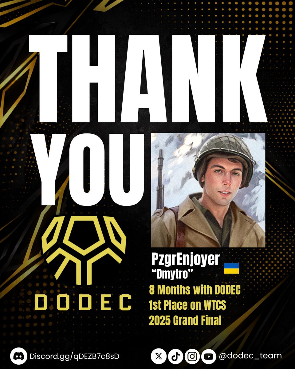 DODEC_team's tweet photo. We’re writing this to say goodbye to Dmytro also known as PzgrEnjoyer. We were very lucky to have you as our teammate, and we’re wishing you the best.

Never listen to anyone who tries to discourage you from achieving your goals. 

Take care of yourself and your family! https://t.co/266coawK1t