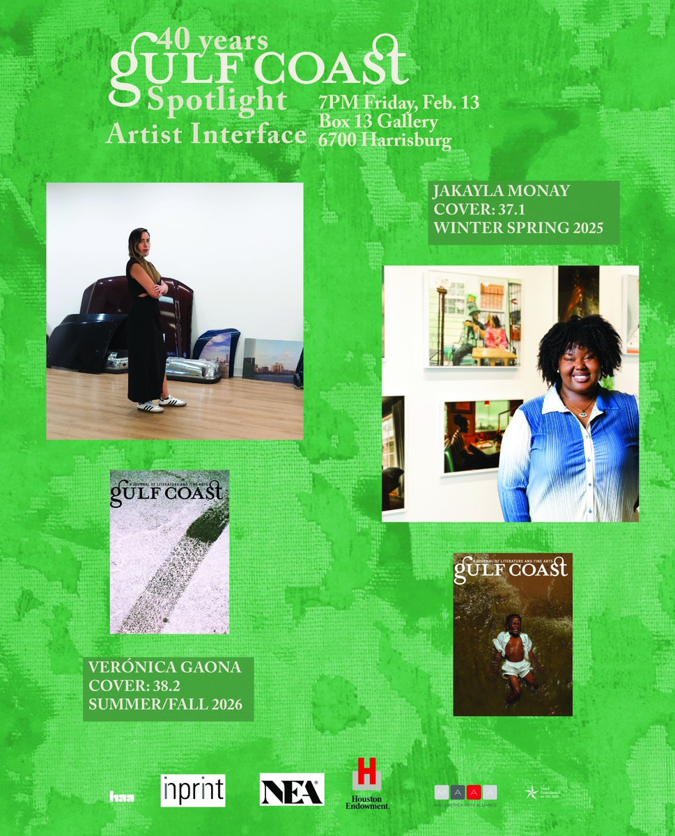 Gulf_Coast's tweet photo. More special programming for Gulf Coast's 40th Anniversary!

This Friday, February 13th at 7pm at Box 13 Gallery

"Artist Interface"- featuring sensational artists Verónica Gaona &amp; Jakayla Monay, whose incredible work has graced the covers &amp; pages of Gulf Coast.

See you there! https://t.co/uebnUODDrp