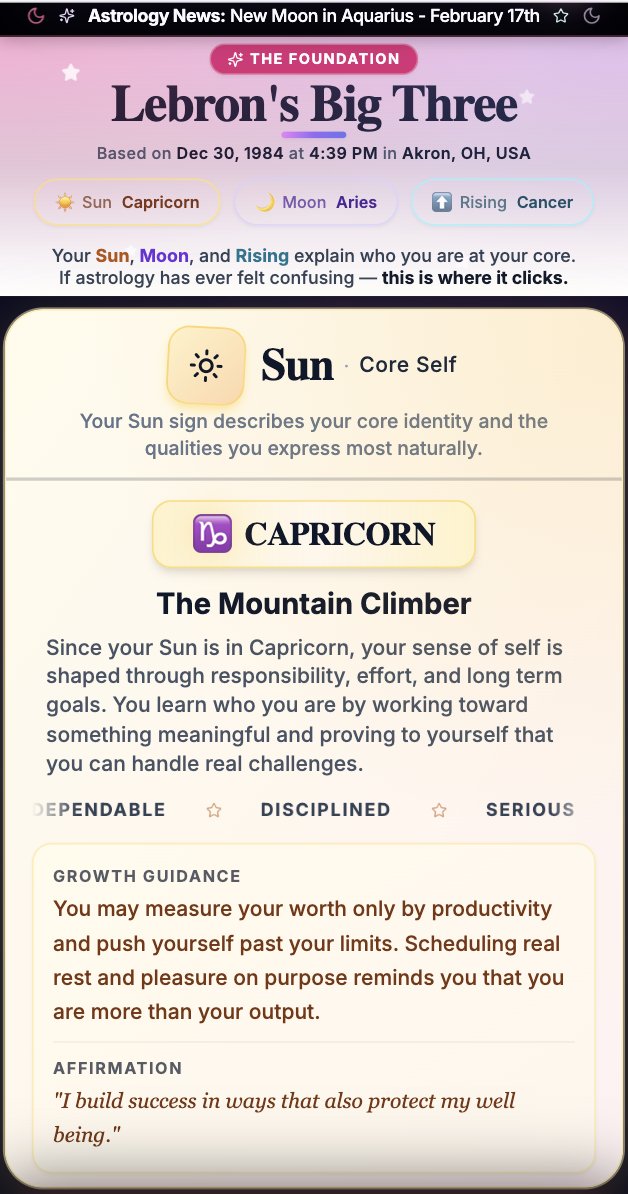 helioastrology's tweet photo. LeBron finally shared his birth time… so of course I ran his Big Three through Helio 😭🏀

If you’re new here, your “Big Three” is basically:

Sun = your core identity (this is the main one that most people know, but it's just a small part tbh)
Moon = your emotional wiring
Rising = the vibe people feel from you before you say a word

Now… LeBron’s Big Three makes an insane amount of sense:

1. Sun in Capricorn (core self)
This is “legacy builder” energy. Capricorn Suns are built for the long game. Discipline, endurance, mastery, proving it over and over until nobody can argue.
That is literally LeBron’s brand: longevity, consistency, records, “I’m still here” year after year.

It’s not flashy motivation, it’s “I will outwork time.”

2. Moon in Aries (inner emotions)
Aries Moons feel fast and loud. Competitive, reactive, fiery. You see it on the court when he gets hot, when he challenges a call, when he flips the switch.
Then the wild part: Aries Moons move on just as fast. They reset. They do not sit in the feeling, they convert it into action.

That combo is so “down 12, game 6, let’s get to work.”

3. Rising in Cancer (first impression)
This is the one people don’t expect. Cancer Rising reads as protective, family-first, emotionally aware of the room. Not soft, just guarded and loyal.
It explains why he can be a ruthless competitor and still give “big brother, protector, leader of the group chat” energy off the court.

So if you’ve ever thought:
“How is he both intense AND caring?”
“How is he both unstoppable AND so human?”

That’s the Big Three working together.

Swipe the images, because Helio doesn’t just list placements, we interpret them in plain English.

Question for the replies:
What do you think shows up the most in LeBron, the Capricorn discipline, the Aries fire, or the Cancer protector vibe?