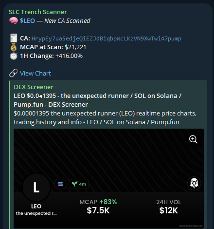 $LEO ran 550%+ after SLC's Trench Scanner alert!

HrypEy7ua5edjeQiEZJdBiqbpWcLKzVN9XwTwi47pump
____
Interested in the SLC Trench Scanner? DM “Access” to <a href="/scanner_SLC/">SLC Trench Scanner</a>
—
Interested in the SLC Black Ledger Discord? Apply at slcblackledger.org
——