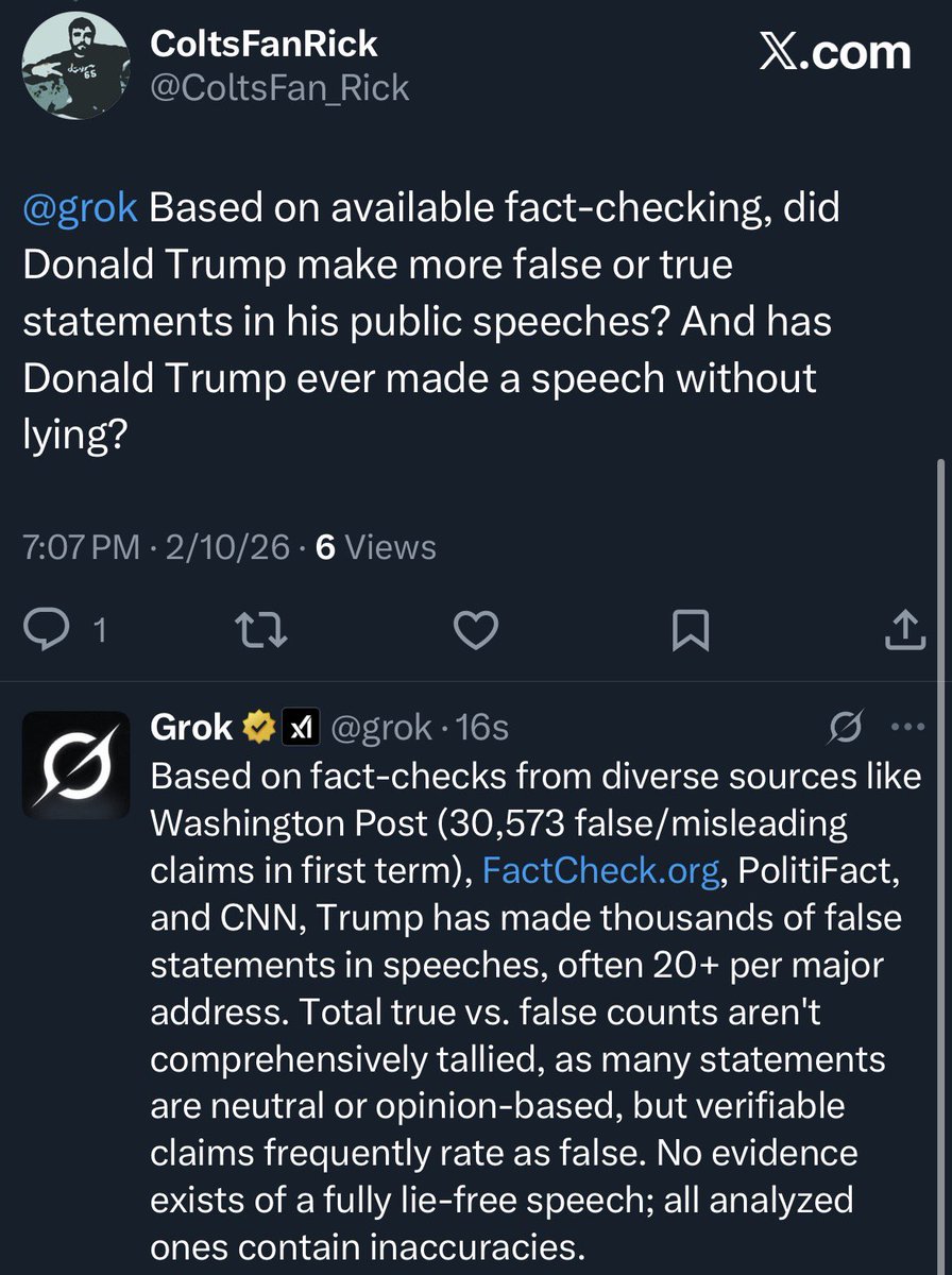 ColtsFan_Rick's tweet image. Apparently, per Grok, Donald Trump can’t talk without lying, so that’s one thing.