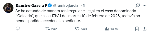 EcEnDirecto's tweet photo. #ATENCIÓN
Ramiro García, abogado del #alcalde Aquiles Alvarez, denunció a través de su cuenta de X, que se ha actuado de forma #irregular e ilegal dentro del marco del #CasoGoleada. Además, manifestó que hasta las 17h31 de este martes 10 de febrero, la defensa aún no pudo acceder al expediente.