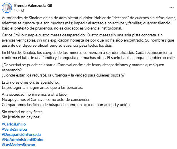 "Sin verdad no hay fiesta", lanza Brenda Valenzuela, madre de Carlos Emilio, desaparecido hace 4 meses en Mazatlán

Pide no asistir al Carnaval: "Es peligroso. Puedes desaparecer y las autoridades no harán nada"