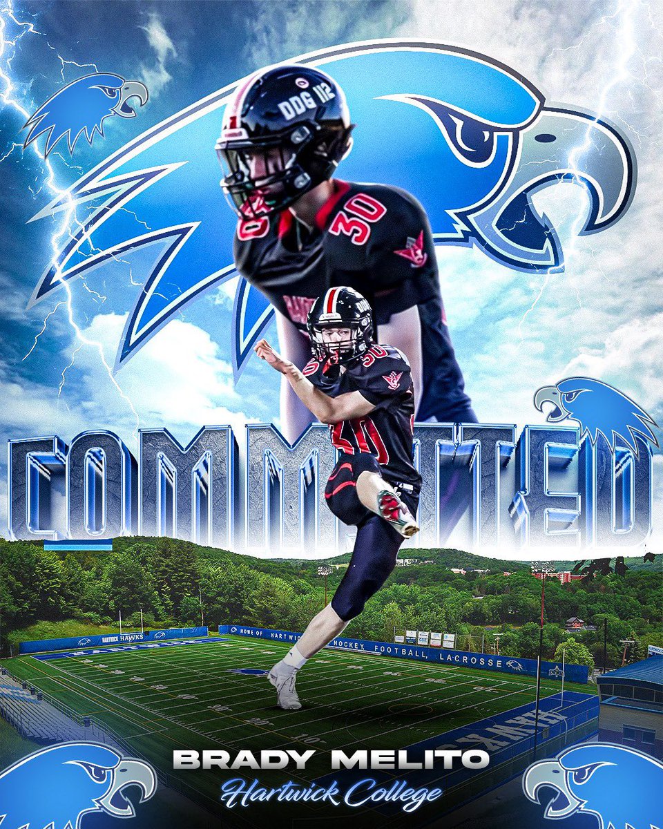 BradyMelito2026's tweet photo. I’m super proud and blessed to announce my commitment to further my academic and athletic career playing football at Hartwick College. It’s surreal how only a year ago, I got this crazy idea to play football and now am committing to play at the next level. I wanna thank my Mom, Dad, Family, Friends, Teammates, and Coaches for making this all possible. And a special thanks to @Cadenlesiewicz1 for helping me prepare and coaching me early on in my journey and @specialteamsNY even though it hasn’t been long I’ve noticed massive strides of improvement since working with you. And to the Hartwick coaching staff especially @CoachRogers13, @CoachElmore70, and @CoachLegagneur thank you so much for the opportunity. I am going to work as hard as I can to be the best version of myself on and off the field for you and the rest of the team. I am so looking forward to this next chapter in my journey. Go Hawks!!🦅🦅