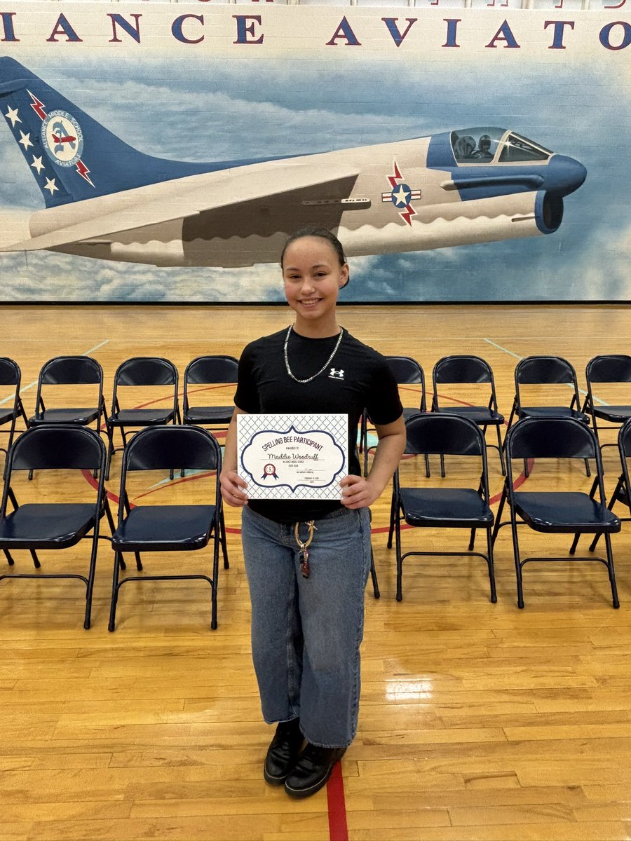 MrMosher_AMS's tweet photo. Congratulations to Maddie Woodruff for winning the 2026 AMS Spelling Bee! Go Aviators! #RepThatA @AllianceCSD https://t.co/krGHHHke8b