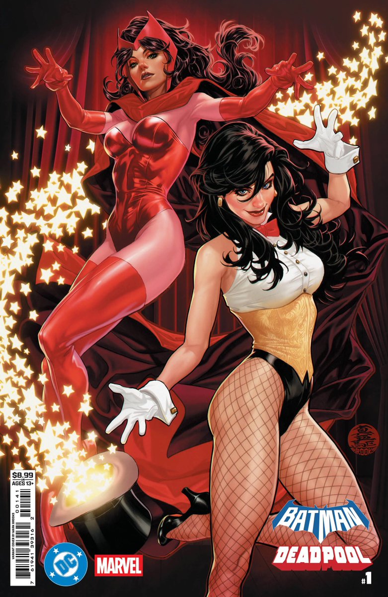 zatannaupdates's tweet image. Zatanna/Scarlet Witch variant cover by Mark Brooks Deadpool/Batman issue #1