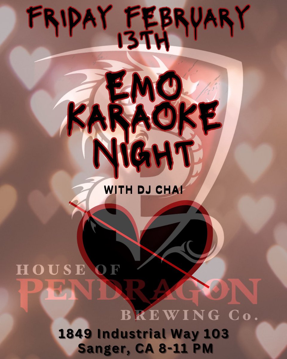 Valentine’s Day is for all.
Love it. Hate it. Feel absolutely nothing about it. Either way, come sing your heart out with us. 

💔 Emo Karaoke Night 💔
📅 Friday, February 13th
⏰ 8–11 PM
📍 House of Pendragon — Sanger Brewery
Screaming the lyrics is encouraged. Beer guaranteed.