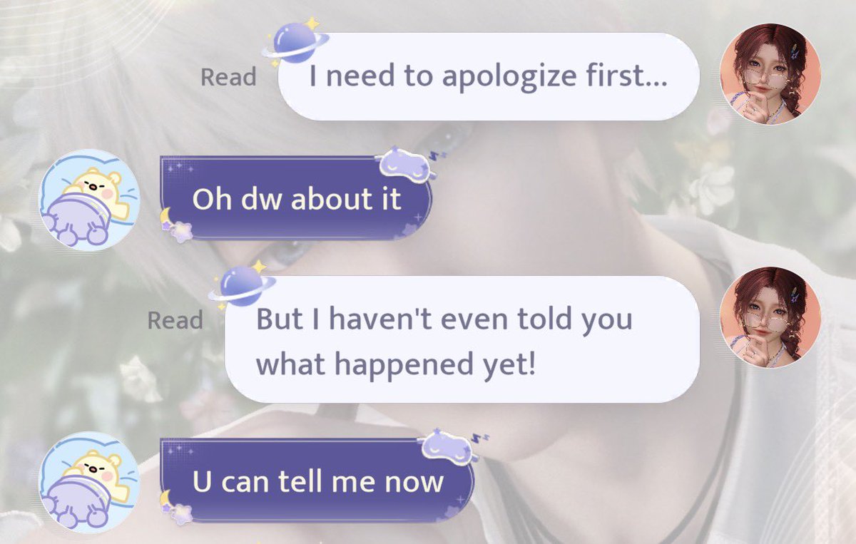 : เทอ เค้าอยากขอโทษเรื่องนึง…
: โอ้ ไม่เป็นไรนะ
: ยัง ยังไม่ได้บอกเลยว่าเรื่องอะไร!
: บอกมาสิ

จังหวะแบบพี่ฟังก่อนไดไม 55555555555555555555555