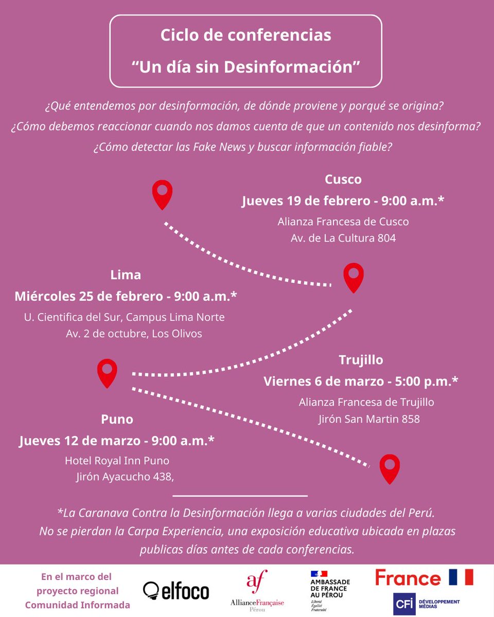elfoco_pe's tweet photo. Pronto la #CaravanaContraLaDesinformación, proyecto que realizamos con el apoyo de @FrancePerou.

👉 Será un ciclo de conferencias de libre acceso en Cusco, Lima, Trujillo y Puno.
📌 También tendremos la Carpa Experiencia, una exposición educativa en plazas públicas. https://t.co/llU5gE775W