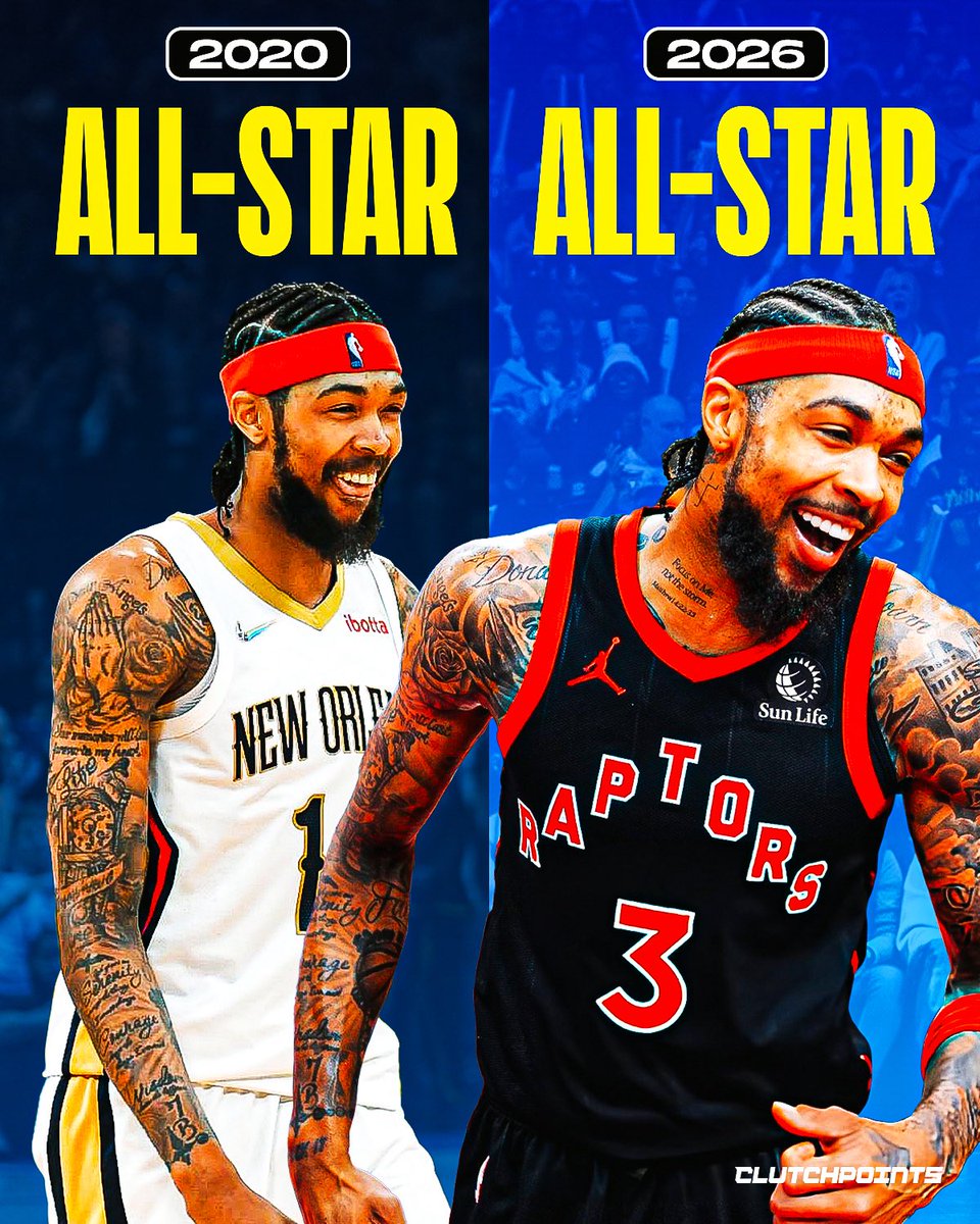 ClutchPoints's tweet photo. 6 years after Brandon Ingram was first named an All-Star, he's back 🙌

With Steph Curry's injury, Ingram was named as his replacement in the All-Star Game.

The 6-year gap in between Ingram's All-Star appearances are tied for 3rd-most all time. 

Take a look:

⭐️ Jrue Holiday - 10 years (2013, 2023)
⭐️ Frank Selvy - 7 (1955, 1962)
⭐️ Brandon Ingram - 6 (2020, 2026)
⭐️ Bernard King - 6 (1985, 1991)
⭐️ Johnny Green - 6 (1965, 1971)
⭐️ Manu Ginobili - 6 (2005, 2011)
⭐️ Rick Barry - 6 (1967, 1973)

This year, Ingram is putting up strong numbers:

🔥 22.0 PPG
🔥 5.8 RPG
🔥 3.7 APG

He has 33 games of 20+ points this season, and has been the Raptors' leading scorer.

Now, he's being rewarded with his second All-Star nod.

You don't see gaps this big too often.

And 6 years after his first All-Star appearance, Brandon Ingram is back.
