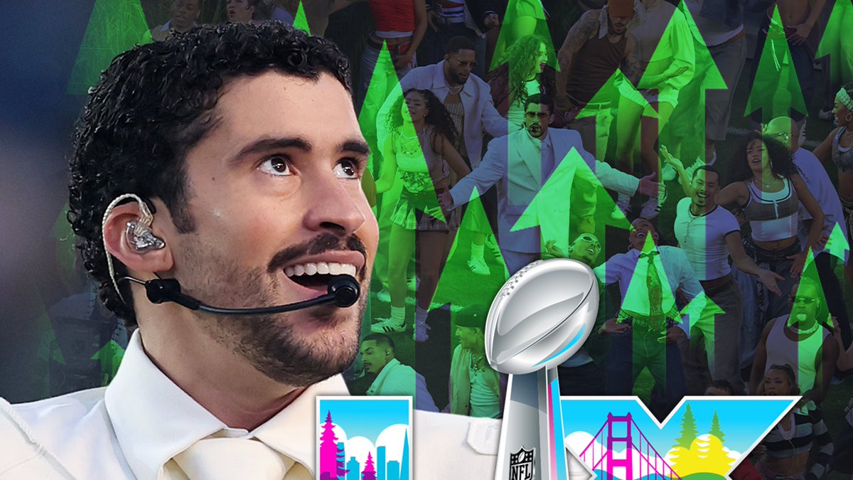 TMZ's tweet image. BREAKING: Bad Bunny's Super Bowl Halftime Show draws over 128 million viewers.

Details: tmz.me/t5pnlF9