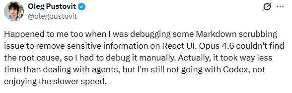 defnotananon's tweet photo. @olegpustovit @yacineMTB Codex Team: We have made 5.3-Codex 10% faster and that is on top of the earlier 60% improvement.

Whole TL: Wow. Codex has gotten insanely fast. They have basically caught up to Claude.

This guy: https://t.co/3ptOnxWKZu
