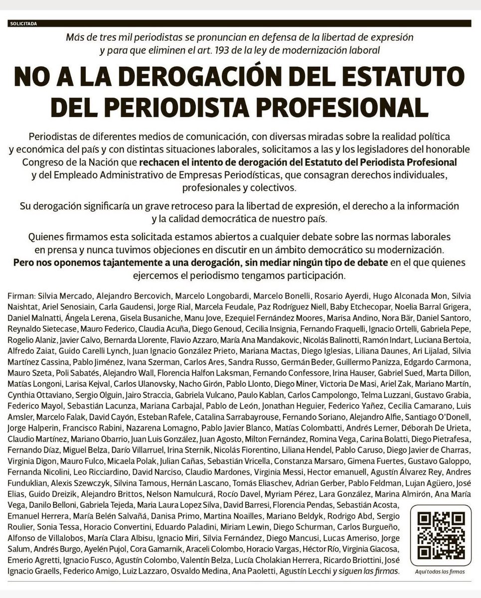 No a la derogacion del Estatuto del Periodista Profesional.