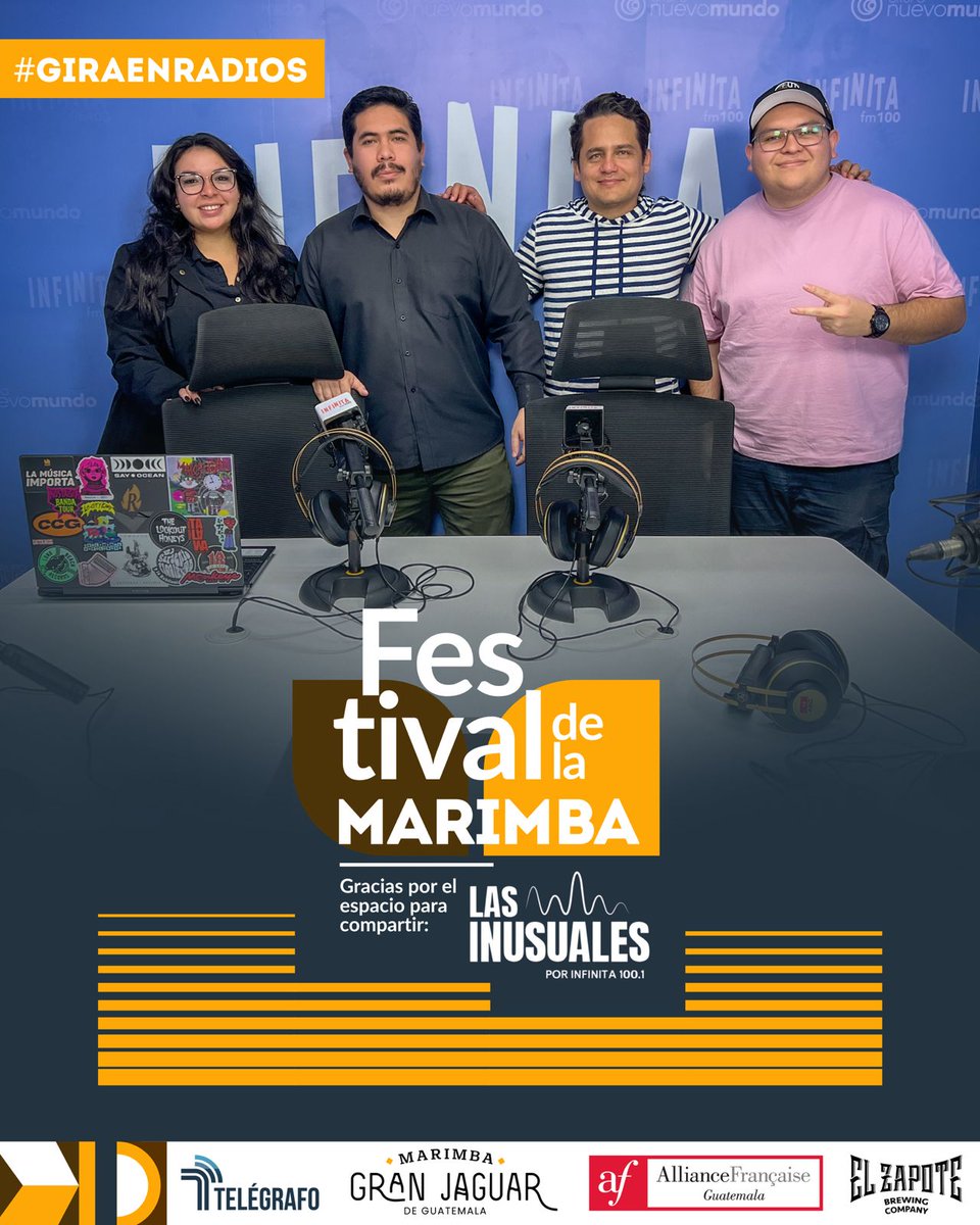 #GiraDeRadios | Nuestro Festival de la Marimba llegó a Radio Infinita. 🎙️

Pasamos por #LasInusuales para compartir todo lo que se viene: música, cultura y marimba en vivo.

Gracias por ser parte de esta celebración que nos une y nos suena a Guatemala 🇬🇹✨