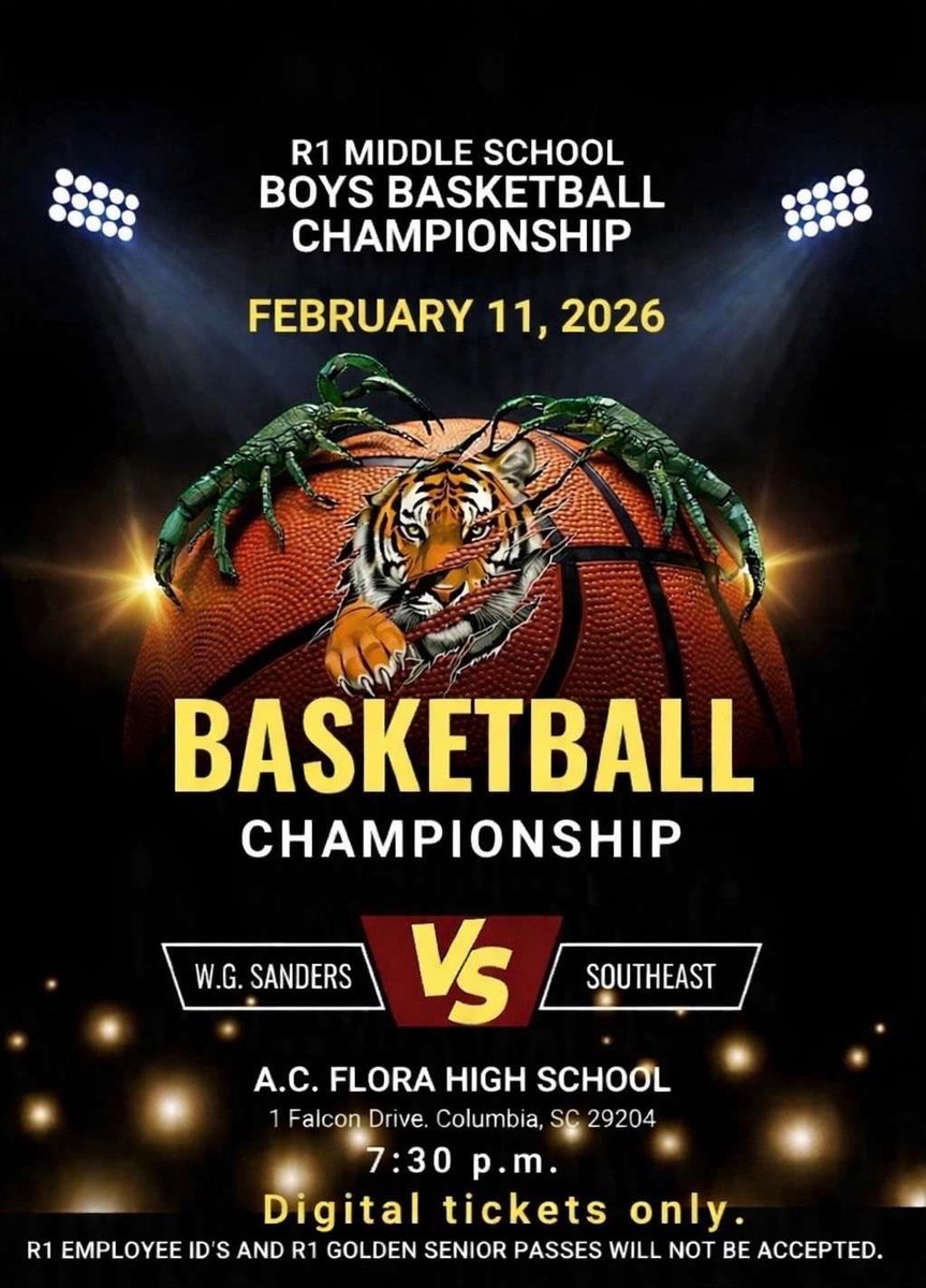 🏀🔥 CHAMPIONSHIP NIGHT IN RICHLAND ONE 🔥🏀

SOUTHEAST COMPETING FOR IT ALL 🦂🏆

📍 A.C. Flora HS 
🗓 Wed, Feb 11

👑 Girls Championship – 6:30 PM | Southeast vs Hand
👑 Boys Championship – 7:30 PM | W.G. Sanders vs Southeast

🎟 Digital tickets only
Be there! Be loud! 👏🏾💪🏾