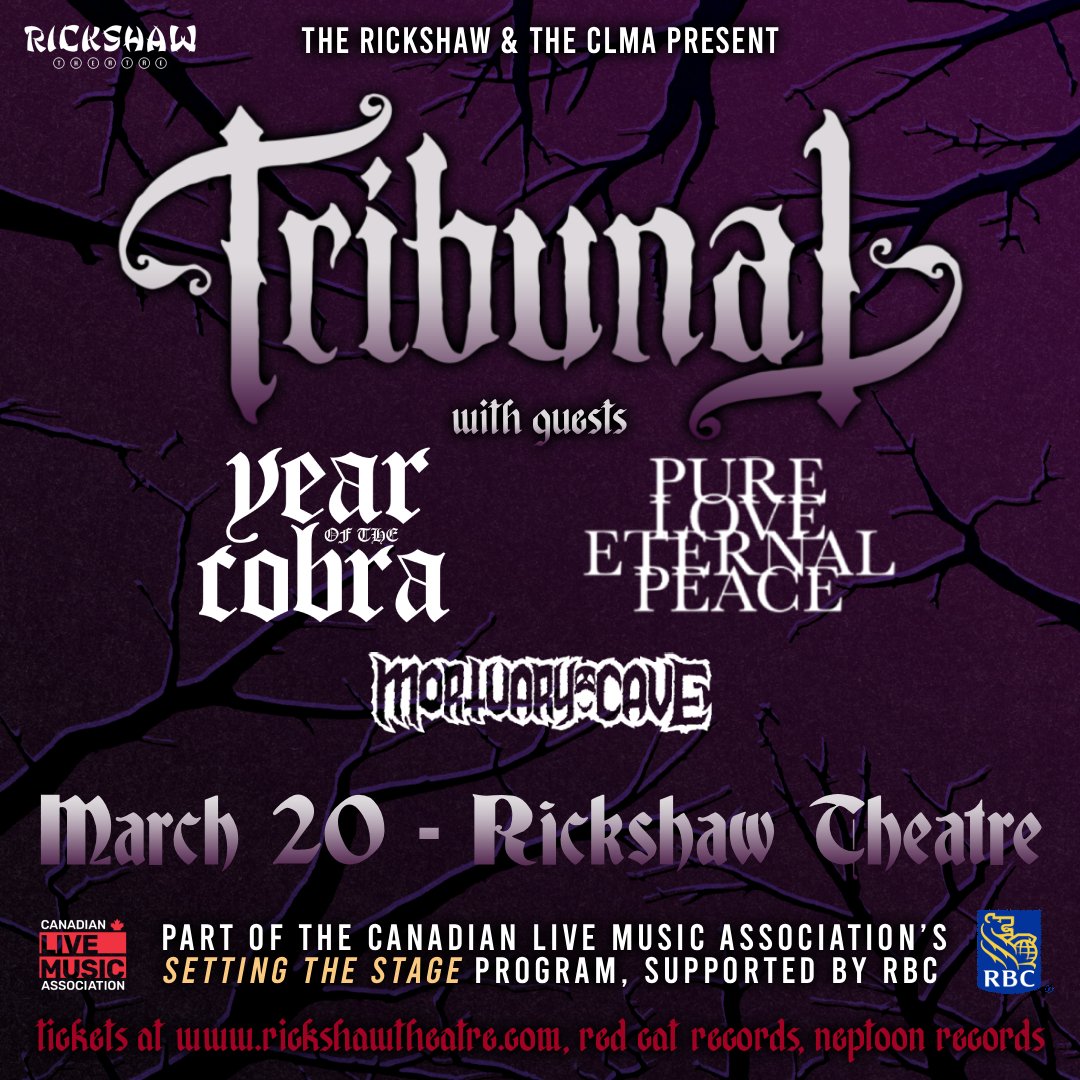 RickshawTheatre's tweet image. Ft. members of Hoopsnake, Chapel, &amp;amp; Temple of Abandonment - sludge trio Mortuary Cave open for Tribunal on Mar 20 at the Rickshaw w/ Year of the Cobra &amp;amp; Pure Love Eternal Peace.🔥

TIX: tribunal-rickshaw-2026.eventbrite.ca

Part @Canadian_Live's #SettingTheStage program, supported by @RBC.
