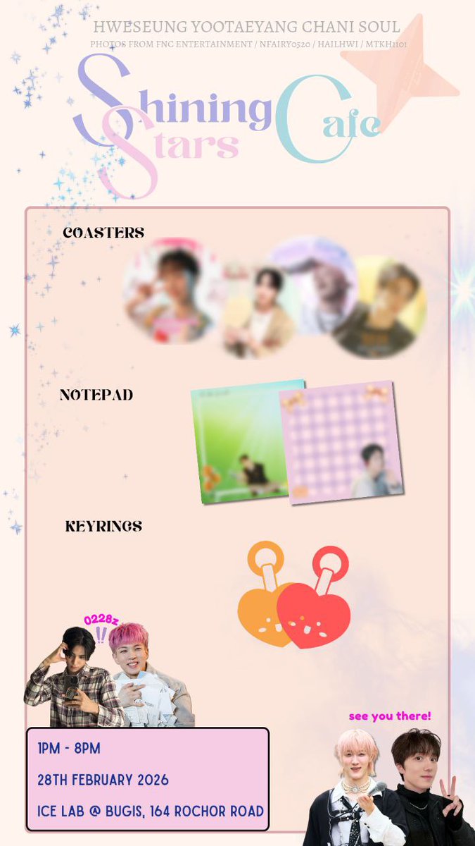 beatgoesoncafe's tweet photo. 𝙒𝙚𝙡𝙘𝙤𝙢𝙚 𝙏𝙤 𝙊𝙪𝙧 𝘾𝙖𝙛𝙚

𖤓*ੈ♡⸝⸝🪐⋆ꜱʜɪɴɪɴɢ ꜱᴛᴀʀꜱ ᴄᴀꜰᴇ*ੈ♡⸝⸝🪐⋆𖤓

for Hweseung, Yoo Taeyang, Chani, Soul

28 Feb 2026
Ice Lab @ Bugis

#NFLYING #SF9 #P1HARMONY #YOOHWESEUNG #YOOTAEYANG #CHANI #SOUL #엔플라잉 #에스에프나인 #피원하모니 https://t.co/gGWXOnCXJO