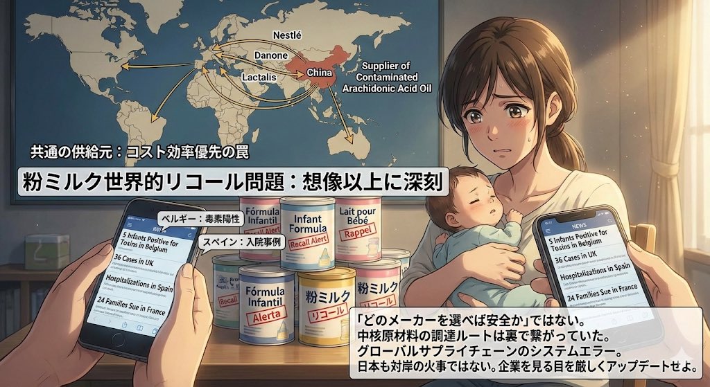 粉ミルクの世界的リコール問題、現地報道を確認しましたが状況は想像以上に深刻です。

ベルギーでは5人の乳児から毒素の陽性反応、英国では36人が症状を訴え、スペインでは入院事例も出ています。フランスですでに24家族が国とメーカーを相手に訴訟へ踏み切ったのも当然の流れでしょう。