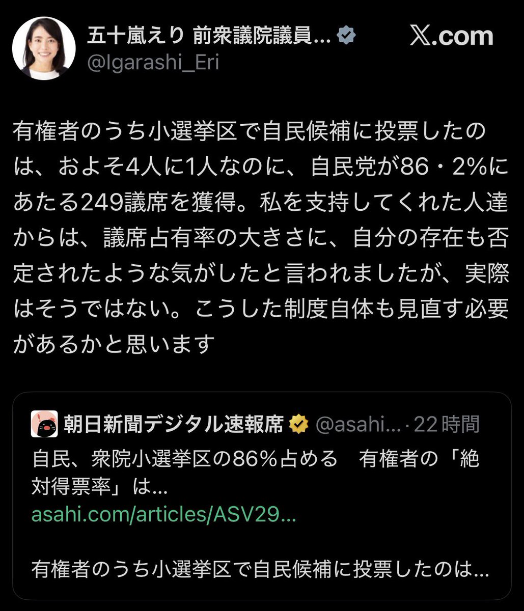 当選した時は一切文句を言わなかったのに自分が無職になった途端に「選挙制度がおかしい」と言い出す安倍晋三暗殺で大爆笑の五十嵐えりさん ( <a href="/Igarashi_Eri/">五十嵐えり 前衆議院議員 東京30区（府中市・多摩市・稲城市）</a> )

そういう事は議員の時に言いましょうね
