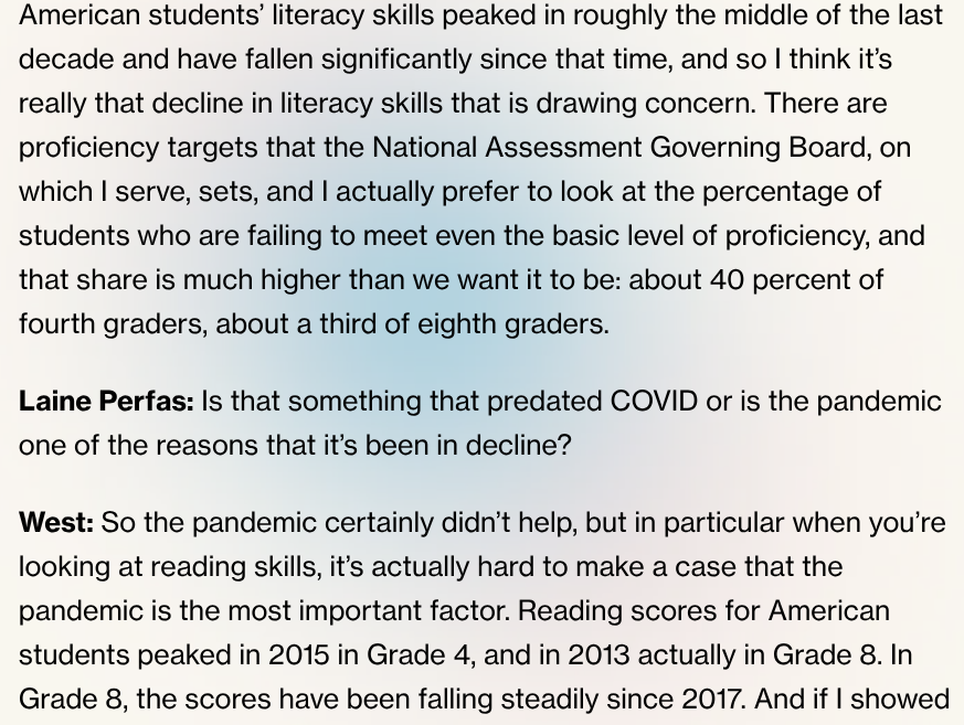 ReadWriteRoll's tweet photo. @crazygrrrls The qted post is such an insane take on so many levels. I'm not going to engage with that, but fun fact: apparently the time when you were in 7th grade is when we were at peak Literacy. Source: https://t.co/hJlKffI37m https://t.co/dTrqzfiC5Q