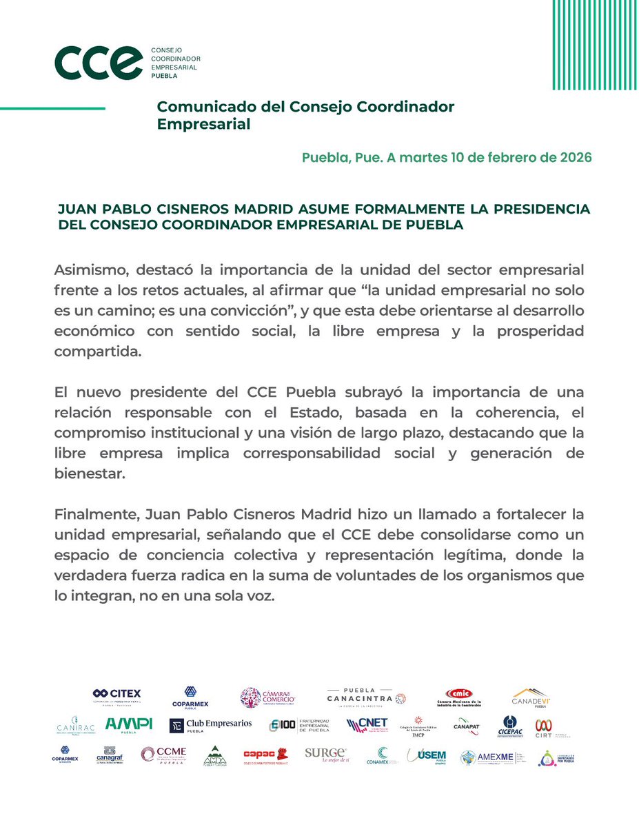 CCEPuebla's tweet photo. Comunicado CCE PUEBLA

JUAN PABLO CISNEROS MADRID ASUME FORMALMENTE LA PRESIDENCIA DEL CONSEJO COORDINADOR EMPRESARIAL DE PUEBLA.
