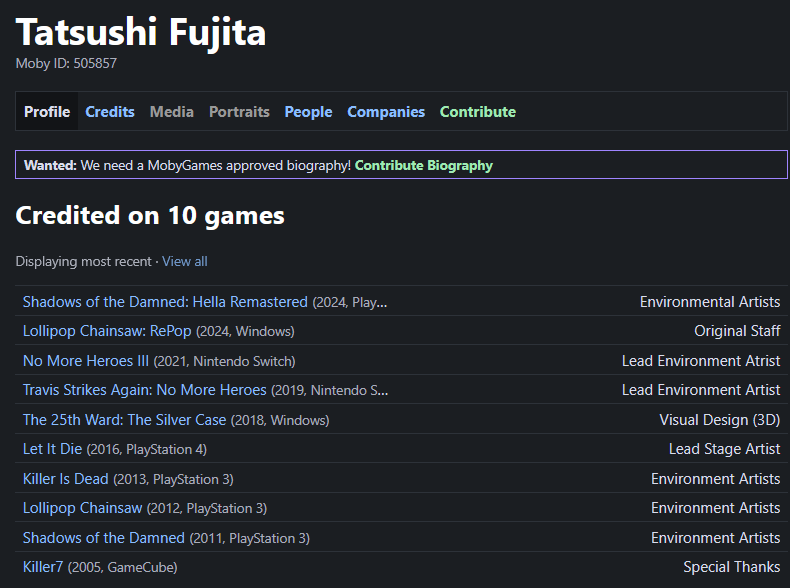 <a href="/Wario64/">Wario64</a> Don’t forgot their tribute to the late Tatsushi Fujita, who worked with GhM since Killer7 as an environmental artist and had Romeo is a Dead Man dedicated to their memory

Rest in peace 🙏