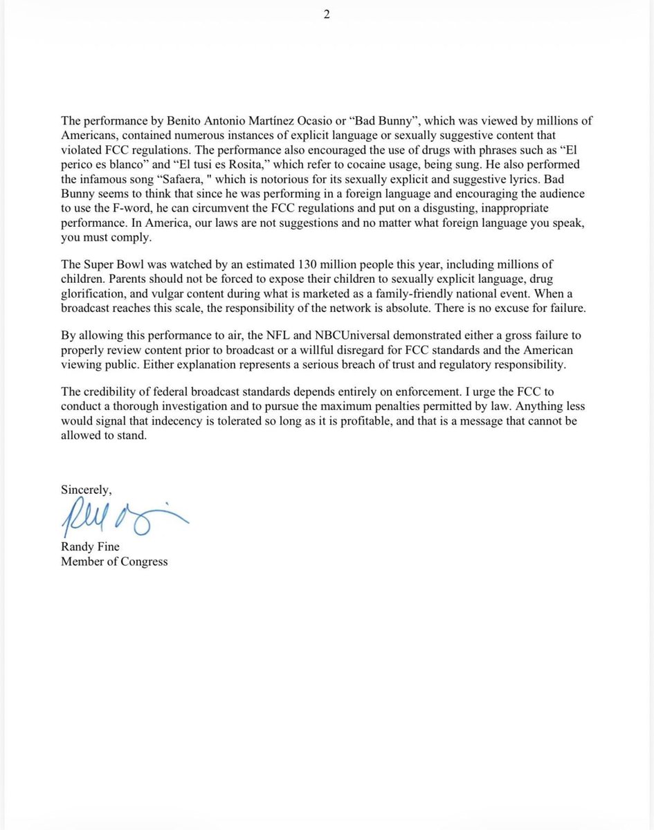Today, I sent a letter to <a href="/BrendanCarrFCC/">Brendan Carr</a>, urging him to immediately open a full investigation into the <a href="/NFL/">NFL</a> and <a href="/NBCUniversal/">NBCUniversal</a>.

The woke garbage we witnessed on Super Bowl Sunday needs to be INVESTIGATED and put to an END.

There is NO reason that over 130 million people —