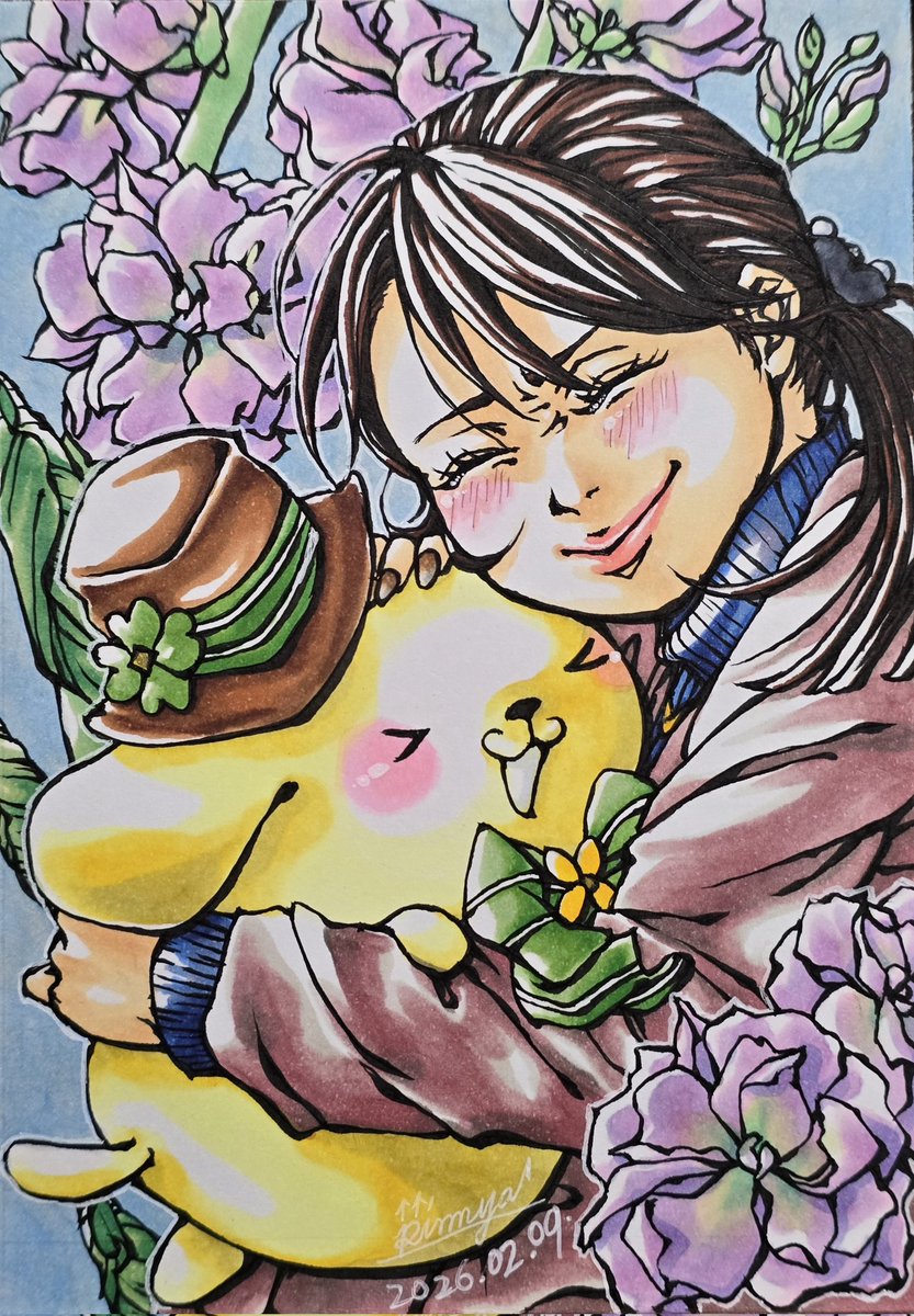 En0216's tweet photo. HBD dear 推し社員ちゃん
誕生花：ストック(スプレーストック)
花言葉：愛の絆、永遠の美、おおらかな愛(紫)
#イラスト #アナログ画 #似顔絵 https://t.co/zA0CfzDpip