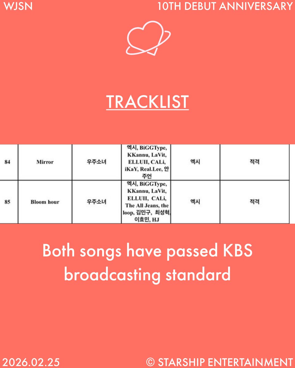 #WJSN will return by releasing two new songs, "Mirror" &amp; "Bloom Hour". Both songs were composed and written by #Exy, and have passed KBS broadcasting standard.

They will make the comeback on February 25th, 2026.

#우주소녀 <a href="/EXY_S2/">EXY</a>