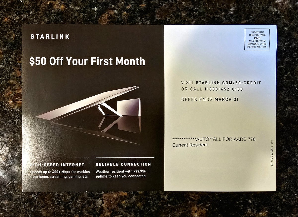 STARLINK: SpaceX is mailing Starlink promotional postcards