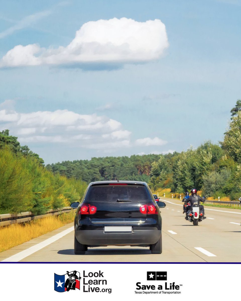 LookLearnLive's tweet photo. Drivers, don’t crowd motorcycles. If passing, treat them like a car and give a full lane of space. #DriveLikeATexan https://t.co/z4kkqUGz4M