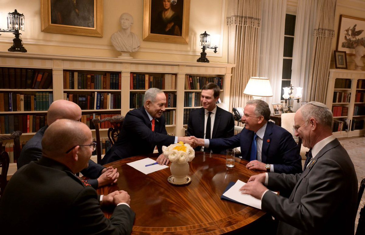 BarakRavid's tweet image. Ahead of his meeting with President Trump tomorrow at the WhiteHouse, Israeli Prime Minister Benjamin Netanyahu met tonight at Blair House with @SteveWitkoff and @jaredkushner and discussed the negotiations with Iran
