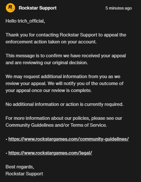 tyman1137's tweet photo. @RockstarSupport I have been banned. The reason has not been explained to me. Below are screenshots of only few of the support tickets I’ve been through today. I would like to be unbanned. Please reconsider your decision as I have done nothing wrong. And if I have, I do not know. https://t.co/l7omgKajWy