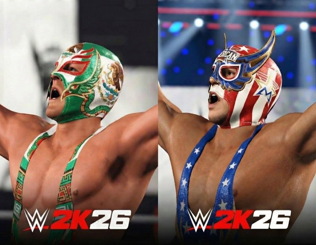 DirtyDomDom's tweet photo. EL Grande Americano Representing both sides. 🇲🇽🇺🇸 

WWE 2K26 art is on another level 🔥

Which fit goes harder? #WWE2K26 https://t.co/9kmopw92IC