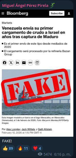 ⚠️‼️❌🇻🇪 Venezuela tilda de “fake news” reporte de la agencia Bloomberg sobre envío de cargamento de crudo a Israel 

▪️El ministro de Comunicación de Venezuela, Miguel Ángel Pérez Pirela, desmintió este martes el envío de crudo a Israel, luego de que varios
@ radiolagaita🇻🇪