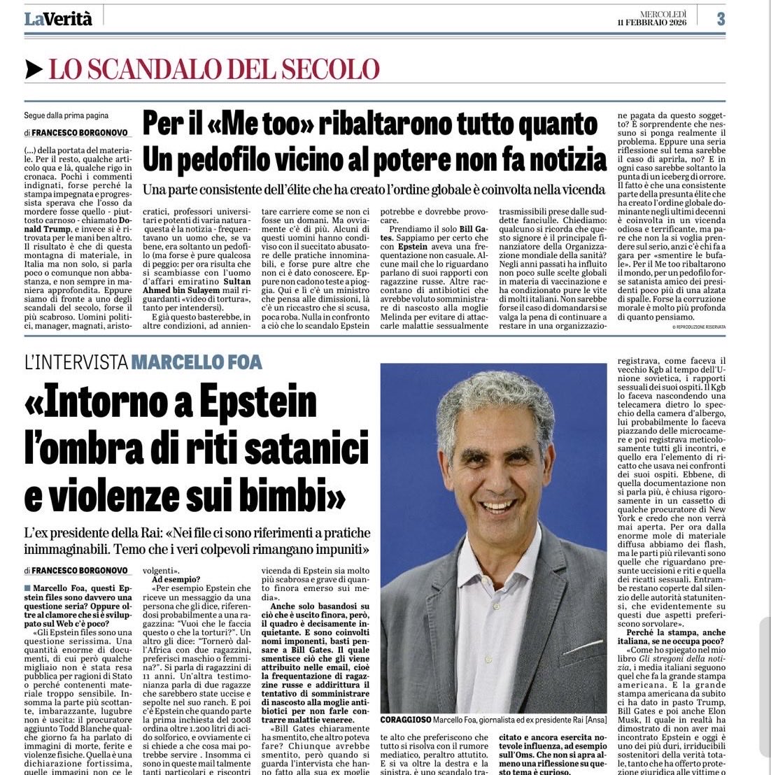 MarcelloFoa's tweet photo. Oggi @LaVeritaWeb rompe con forza la ritrosia mediatica sull’aspetto più importante e sconvolgente della vicenda Epstein. 
E grazie a questa bella intervista di @franborgonovo aiuto i lettori a capire le implicazioni di uno scandalo che, incredibilmente ma significativamente, resta a oggi senza inquisiti, senza condannati.