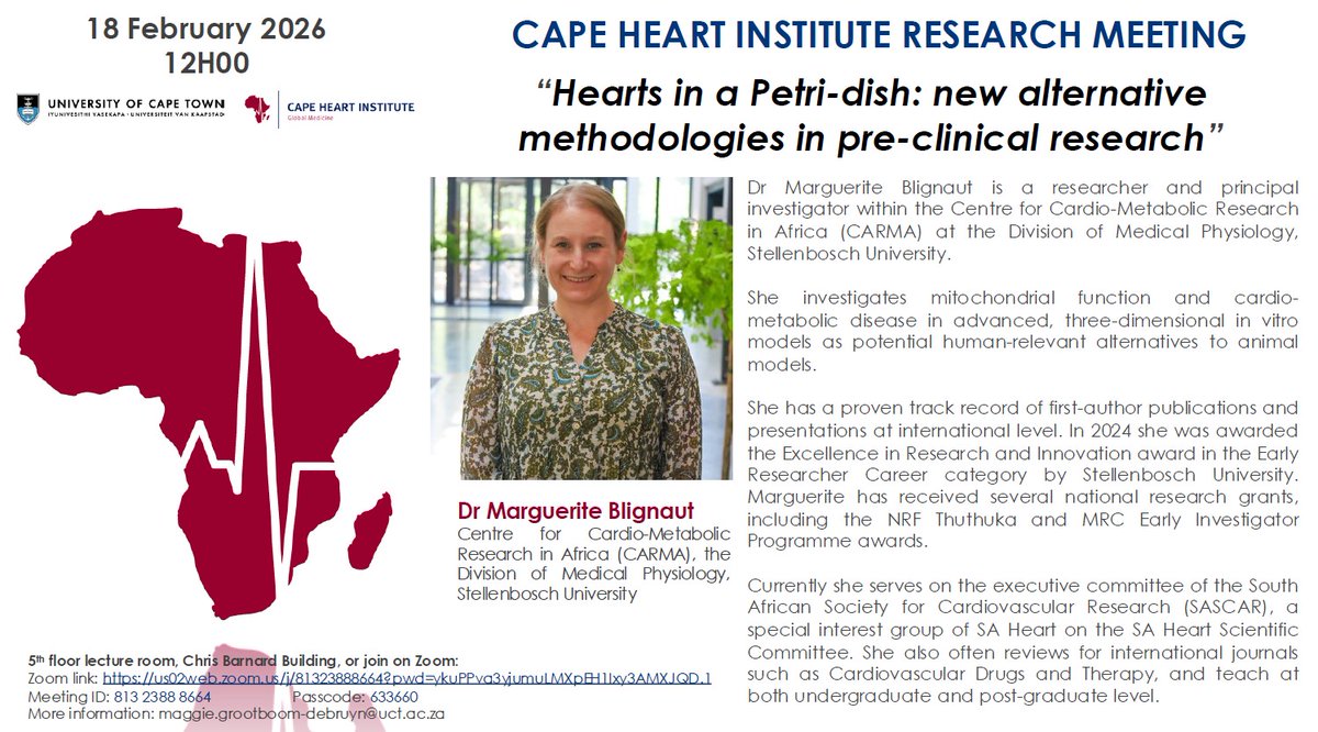 CHI_UCT's tweet photo. The Institute is pleased to invite you to attend the upcoming research meeting, which will be held on 18 February 2026 at 12h00 in the Chris Barnard lecture room, 5th floor. #CHI #Cardiology #Heart 
https://t.co/LQuH6iePv0 https://t.co/lBXrvJEjoC