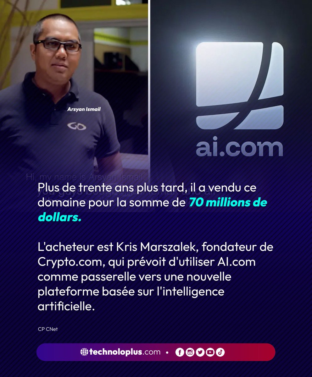 technoloplus's tweet photo. Arsyan Ismail a révélé avoir acheté le nom de domaine https://t.co/nGYPcJgqZC à l'âge de 10 ans pour une centaine de dollars seulement, car les lettres « AI » correspondaient à ses initiales. #technoloplus https://t.co/eJEO7zLrNe